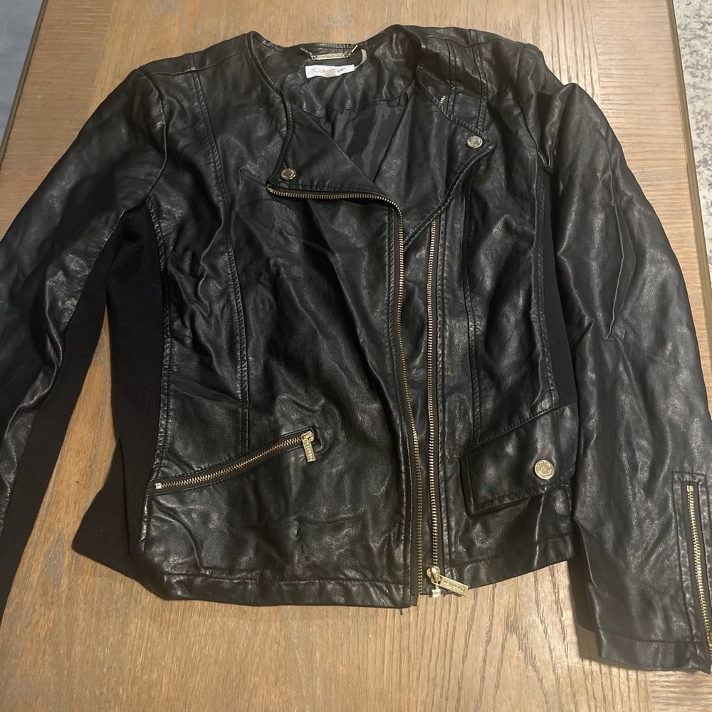 Calvin Klein Black Leather Jacket with Gold Accents